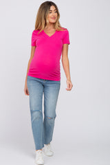 Fuchsia V-Neck Short Sleeve Maternity Top