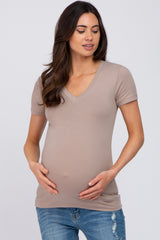 Taupe V-Neck Short Sleeve Maternity Top