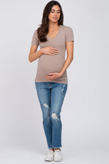 Taupe V-Neck Short Sleeve Maternity Top