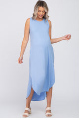 Blue Sleeveless Round Hem Maternity Maxi Dress