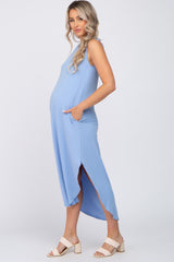 Blue Sleeveless Round Hem Maternity Maxi Dress