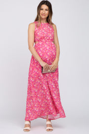 Coral Floral Side Cutout Back Tie Maternity Midi Dress