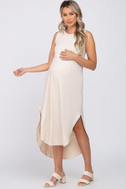 Beige Sleeveless Round Hem Maternity Maxi Dress