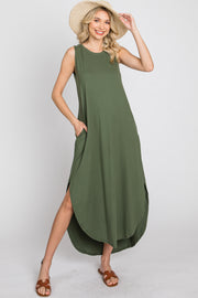 Olive Sleeveless Round Hem Maxi Dress