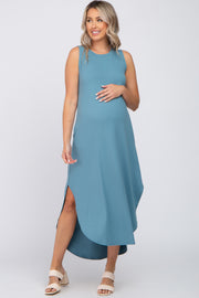 Teal Sleeveless Round Hem Maternity Maxi Dress