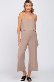 Taupe Ribbed Double Layer Cropped Maternity Jumpsuit