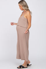 Taupe Ribbed Double Layer Cropped Maternity Jumpsuit