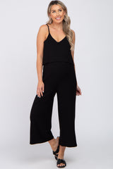 Black Ribbed Double Layer Cropped Maternity Jumpsuit