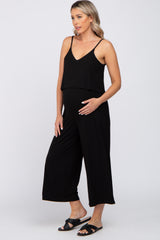 Black Ribbed Double Layer Cropped Maternity Jumpsuit