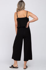 Black Ribbed Double Layer Cropped Maternity Jumpsuit