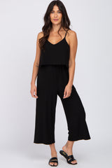 Black Ribbed Double Layer Cropped Jumpsuit