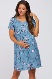 Blue Floral Off Shoulder Tiered Maternity Dress