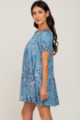 Blue Floral Off Shoulder Tiered Dress