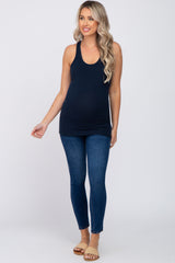 Navy Blue Ribbed Racerback Maternity Tank Top