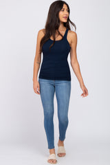 Navy Blue Ribbed Racerback Tank Top