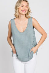 Slate Blue Ribbed Raw Hem Tank Top