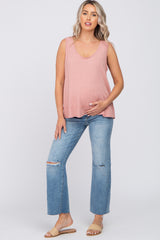 Pink Ribbed Raw Hem Maternity Tank Top