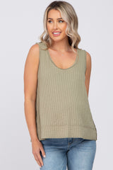 Olive Ribbed Raw Hem Maternity Tank Top