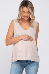 Beige Ribbed Raw Hem Maternity Tank Top