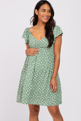 Light Olive Floral Sweetheart Flounce Sleeve Maternity Dress