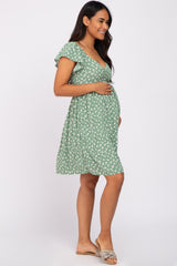 Light Olive Floral Sweetheart Flounce Sleeve Maternity Dress