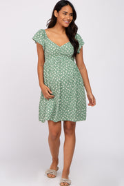 Light Olive Floral Sweetheart Flounce Sleeve Maternity Dress