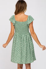 Light Olive Floral Sweetheart Flounce Sleeve Dress