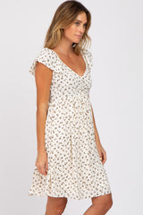 Ivory Floral Sweetheart Flounce Sleeve Dress