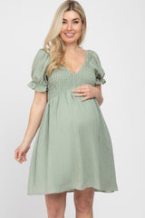 Light Olive Smocked Puff Sleeve Maternity Dress