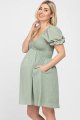 Light Olive Smocked Puff Sleeve Maternity Dress