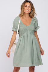 Light Olive Smocked Puff Sleeve Maternity Dress