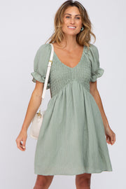 Light Olive Smocked Puff Sleeve Dress