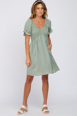 Light Olive Smocked Puff Sleeve Dress