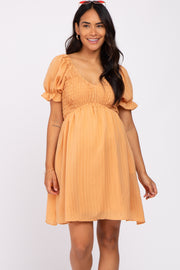 Peach Smocked Puff Sleeve Maternity Dress