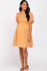 Peach Smocked Puff Sleeve Maternity Dress