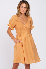 Peach Smocked Puff Sleeve Dress