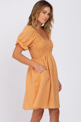 Peach Smocked Puff Sleeve Dress