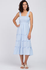 Blue Gingham Smocked Tiered Maternity Midi Dress