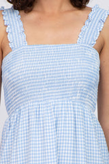 Blue Gingham Smocked Tiered Midi Dress