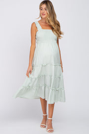 Mint Green Gingham Smocked Tiered Maternity Midi Dress