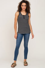 Black Striped Button Front Sleeveless Top