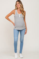 White Striped Button Front Sleeveless Maternity Top