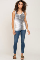 White Striped Button Front Sleeveless Top