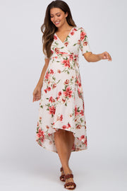 Cream Floral Draped Hi-Low Maternity Dress