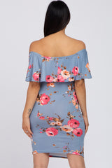 Blue Floral Fitted Maternity Off Shoulder Dress