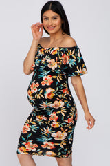 Black Floral Fitted Maternity Off Shoulder Dress