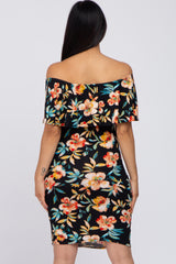 Black Floral Fitted Maternity Off Shoulder Dress