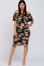 Black Floral Fitted Maternity Off Shoulder Dress