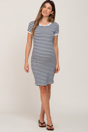 White Black Striped Fitted Maternity Dress