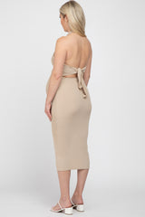 Mocha Ribbed Halter Cutout Back Maternity Midi Dress